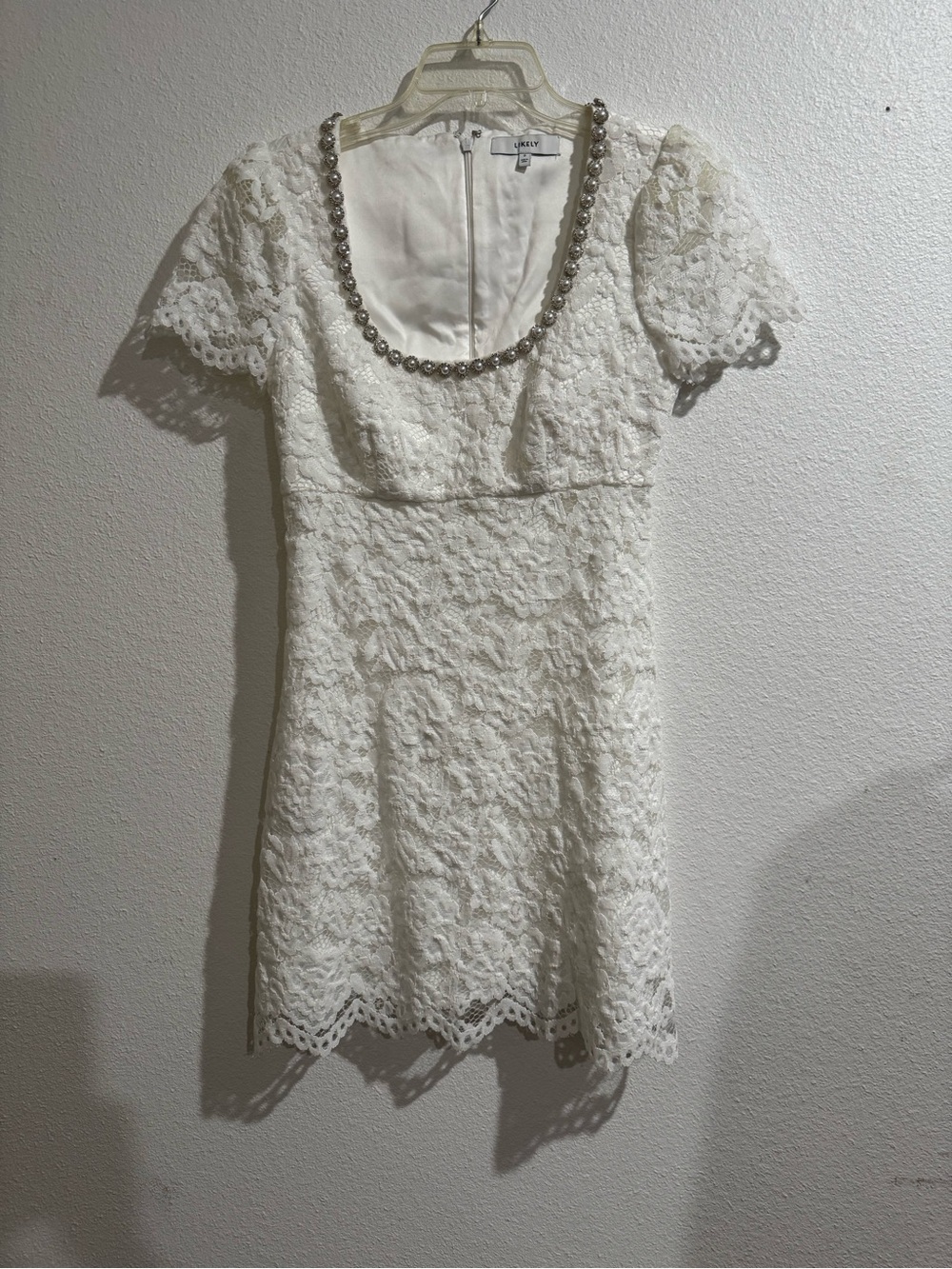 Likely White Lace Short Dress with Pearl-Trim Neckline